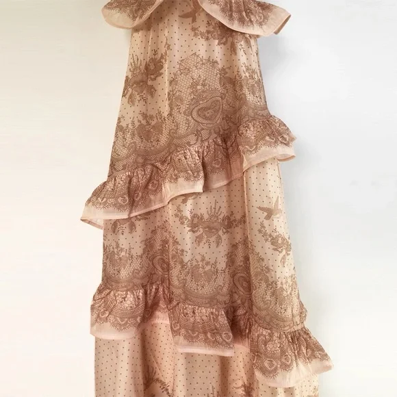 Stunning Designer Pink Chiffon Lace Pearl Maxi Dress